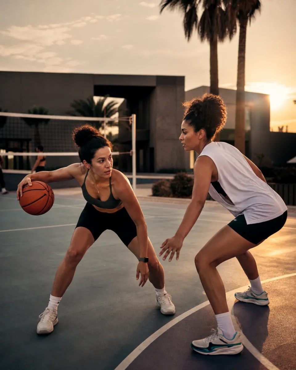 Athletes practicing basketball on an outdoor court