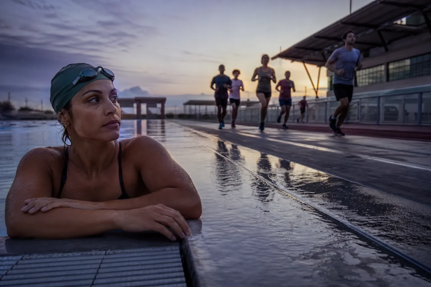 A swimmer and runners training at sunrise