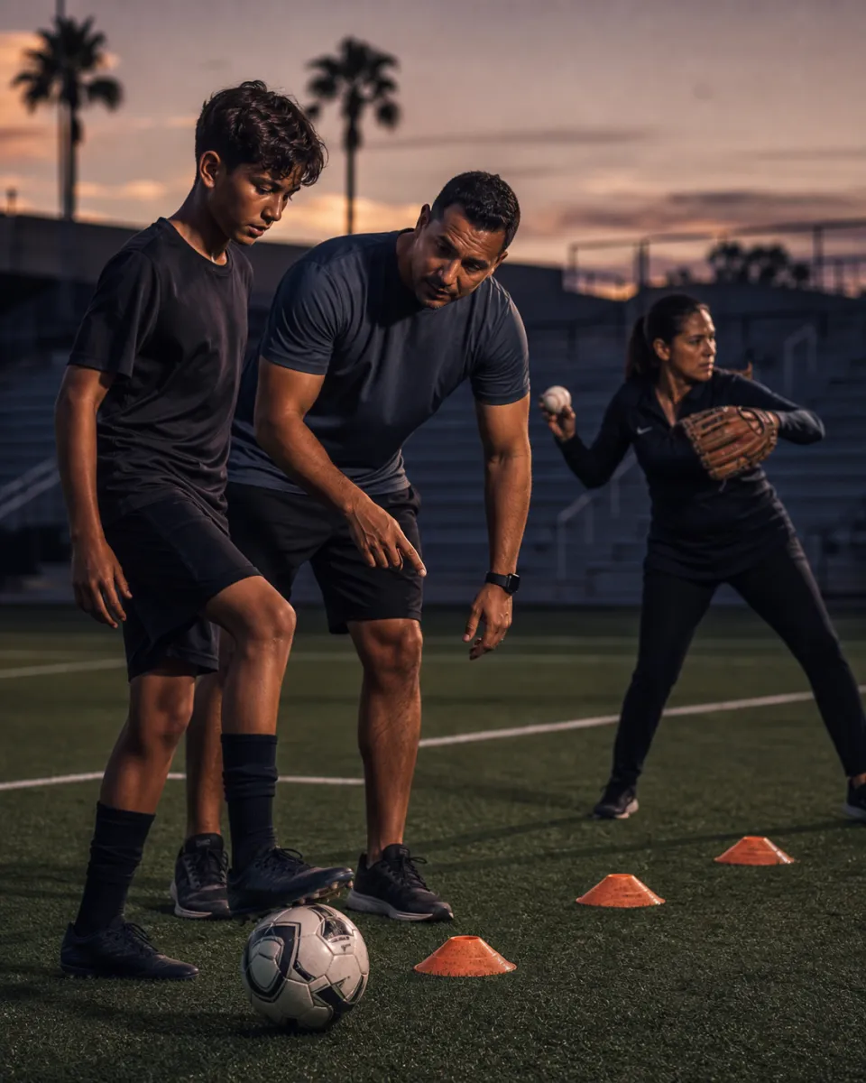 A soccer coach training an athlete on a field